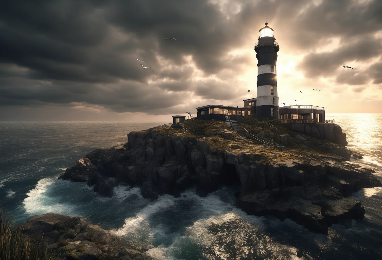 the Lighthouse, a rendering, PhotoSynth. Volumetric Lighting A hyperdetailed lighting realistic render. Deep blacks, Computer color levels. trhs artstyle <lora:Triangle Glass Houses Artstyle - Trigger is trhs artstyle:1>