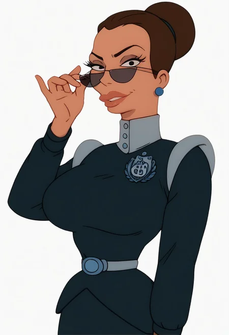 Score_9, score_8_up, score_7_up, best quality,
Break,
HMorgan Proctor, 1girl, single hair bun, glasses,Uniform, skirt, belt, badge, earrings, jewlery, side smirk, large breasts, looking at viewer, lips parted, upperbody, sunglasses, adjusting eyewear, looking at viewer, beautiful, close up,