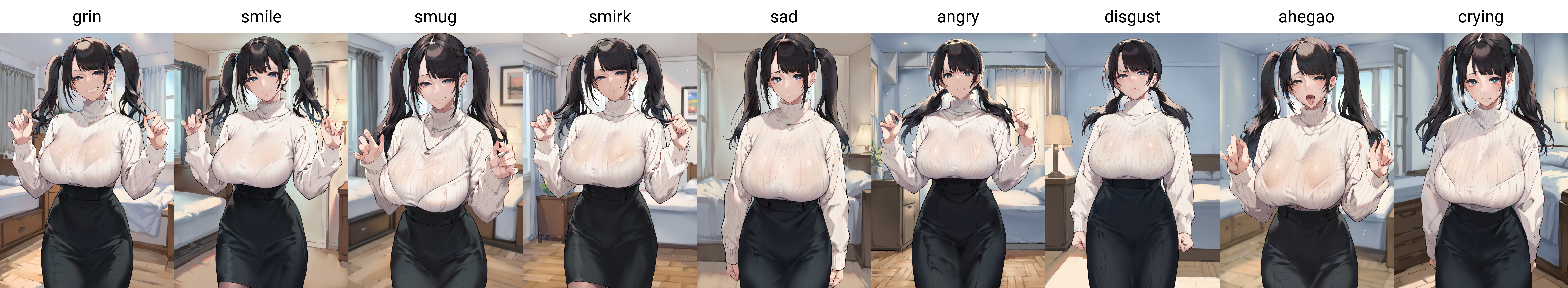 score_9, score_7_up, 1girl,blue eyes,twintails, black hair,  turtleneck sweater, white sweater,  black skirt, grin,looking at viewer, from front, bedroom, standing, huge breasts <lora:Pochi-Goya-Style-PonyXL-Dora-000039:1>
