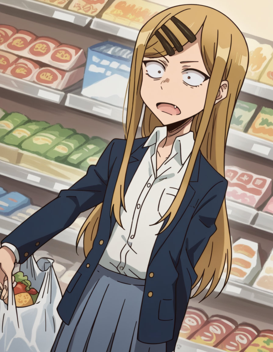 score_9, score_8_up, score_7_up, source_anime, <lora:saya-endou-s2-ponyxl-lora-nochekaiser:1>, saya endou, long hair, blonde hair, hair ornament, brown eyes, hairclip, fang, wide-eyed, constricted pupils, sanpaku,, skirt, shirt, hair ornament, school uniform, jacket, pleated skirt, socks, blazer,, grocery store, cashier, shopping bag, scanning items, small talk, everyday routine, , looking at viewer, hand making an OK sign, solo,, cowboy shot, dutch angle