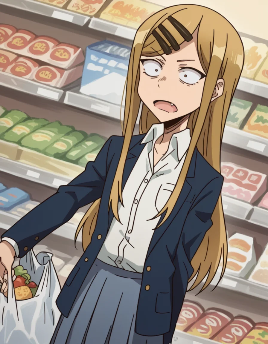 score_9, score_8_up, score_7_up, source_anime, <lora:saya-endou-s2-ponyxl-lora-nochekaiser:1>, saya endou, long hair, blonde hair, hair ornament, brown eyes, hairclip, fang, wide-eyed, constricted pupils, sanpaku,, skirt, shirt, hair ornament, school uniform, jacket, pleated skirt, socks, blazer,, grocery store, cashier, shopping bag, scanning items, small talk, everyday routine, , looking at viewer, hand making an OK sign, solo,, cowboy shot, dutch angle