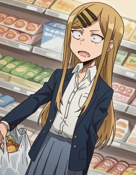 score_9, score_8_up, score_7_up, source_anime, <lora:saya-endou-s2-ponyxl-lora-nochekaiser:1>, saya endou, long hair, blonde hair, hair ornament, brown eyes, hairclip, fang, wide-eyed, constricted pupils, sanpaku,, skirt, shirt, hair ornament, school uniform, jacket, pleated skirt, socks, blazer,, grocery store, cashier, shopping bag, scanning items, small talk, everyday routine, , looking at viewer, hand making an OK sign, solo,, cowboy shot, dutch angle