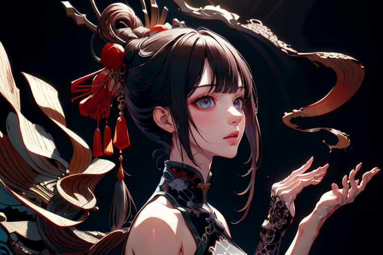 highly insanely detailed, masterpiece, top quality, best quality, highres, 4k, 8k, RAW photo, (very aesthetic, beautiful and aesthetic),  
(code_style,codestyle),traditional chinese text,japanese text, 
<lora:CodeStyle (half generic class)_564920:0.7>, 
(1girl:1.3), 1other, 
(pure black background,transparent background:1.2),âââ
