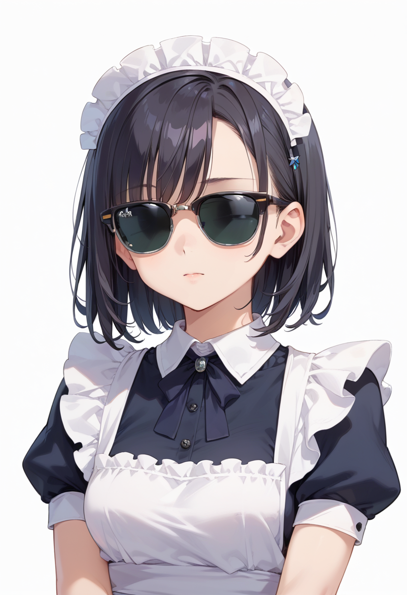 score_9, score_8_up, score_7_up, rating_safe, masterpiece, best quality, absurdres, unity 8k wallpaper, official art, official style, source_anime, uncensored, game cg, megami magazine,
1girl, solo, black hair, medium hair, upper body, covered eyes,maid, maid headdress, black dress, maid apron,
sirmont, sunglasses, white background, simple background, reflection, glasses, english text, black-framed eyewear, grey-framed eyewear, two-tone eyewear, covered eyes, 
 <lora:glasses_clubmaster_PONY_V1:1>