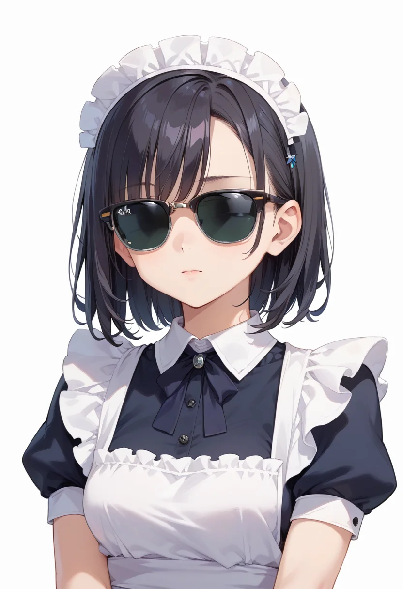 score_9, score_8_up, score_7_up, rating_safe, masterpiece, best quality, absurdres, unity 8k wallpaper, official art, official style, source_anime, uncensored, game cg, megami magazine,
1girl, solo, black hair, medium hair, upper body, covered eyes,maid, maid headdress, black dress, maid apron,
sirmont, sunglasses, white background, simple background, reflection, glasses, english text, black-framed eyewear, grey-framed eyewear, two-tone eyewear, covered eyes,
<lora:glasses_clubmaster_PONY_V1:1>