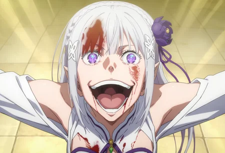 score_9, score_8_up, score_7_up, source_anime,
BREAK
<lora:shigojoenV1:1>, gojoendef, crazy eyes, crazy smile,
looking at viewer, smile, open mouth, upper body, teeth, tongue, blood, outstretched arms, blood on face, blood on clothes,
1girl, solo,
anime screencap, anime coloring,
<lora:shiEmiliaV2:1> shimilia, long hair, grey hair, purple eyes, pointy ears, crown braid, hair flower, hair ribbon, purple ribbon, x hair ornament, white dress, cleavage, bare shoulders, wide sleeves,