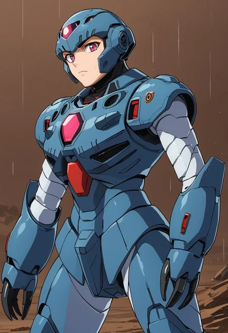score_9, score_8_up, score_7_up, source_anime, cowboy shot, side view, BREAK, ( zgok_experiment, pink monoeye, looking at viewer, zeon symbol on chest, one arm raised, ) 1mech, mech focus, solo, BREAK, raining, antarctic base, brown background, futuristic buildings, dirt, mud,