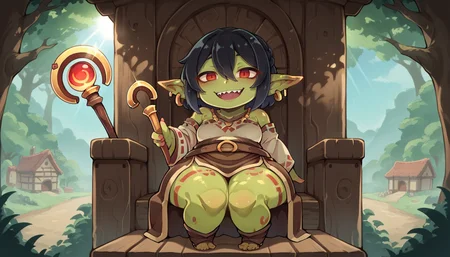 zPDXL,anime artwork score_9,score_8_up,score_7_up,2d,<lora:Shinolara_Style_PONY:0.7>,<lora:anime-detailer-xl:1.5>,<lora:Expressive_H-000001:1>,Expressiveh,(source_anime),raytracing,rating_questionable,rating_safe,
solo,monster,fantasy,goblin,1girl,mature female,milf,small breasts,(shortstack:1.2),thick thighs,curvy,milf,
outdoors,forest,trees,day,rays of sun,dappled sunlight,tribal village,goblin village,
tribal clothes,tribal tattoo,crown braid,ear cuffs,animal leather skirt,medieval,viking skirt,fur skirt,medieval clothes,long skirt,
red eyes,hair between eyes,pointy ears,colored skin,green skin,smile,smug,open mouth,sharp teeth,short black hair,braid,french braid,absurdres,
holding scepter,sitting on makeshift throne,seeing on wooden throne,
full body,looking_at_viewer,cute,attractive,
. anime style,vibrant,studio anime,highly detailed,