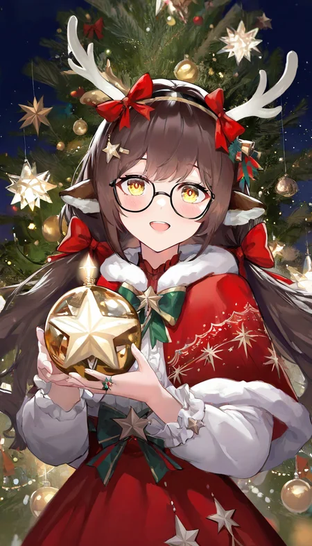 masterpiece, best quality, amazing quality, good quality, very aesthetic, absurdres, highres,1girl, solo, long hair, holding, christmas, looking at viewer, animal ears, open mouth, smile, upper body, glasses, bow, horns, capelet, star \(symbol\), long sleeves, hair ornament, deer ears, antlers, christmas ornaments, fur trim, hairband, ring, brown hair, yellow eyes, red bow, frills, christmas tree, hair bow, :d