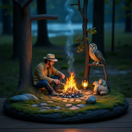 A miniature diorama of a traveler cooking over a campfire in the woods at night, next to a lantern. A dog sits beside the traveler, and a new friend, an owl, sits on a nearby tree branch. It's a magical night. <lora:Flux.1_Turbo_Detailer:0.7>, <lora:Diorama_Flux:1>
