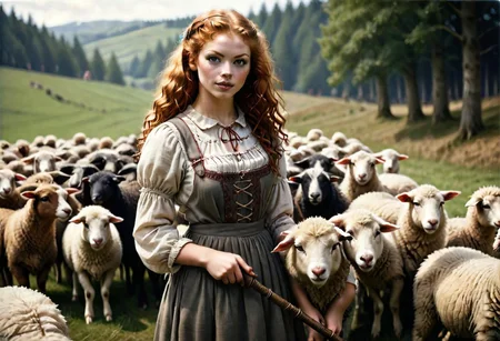 redhead, woman 18 yo, very red curly hair, ginger,
Analog film photograph, extremely detailed, photorealistic, professional photograph,
1girl, grrrl,
wearing homespun peasant dress,
shepherdess holding a shepherd's crook, flock of sheep,
