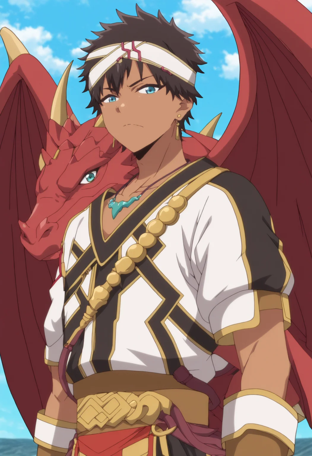 masterpiece,best quality,newest,absurdres,highres,shoma,solo,looking at viewer,shirt,1boy,gloves,closed mouth,collarbone,upper body,male focus,necklace,frown,headband,shoulder strap,white-black t-shirt,vambraces,jewelry,anime screenshot,<lora:lasdanV2_noob:1>,blue sky,western dragon,wings,flying,tail,red dragon,