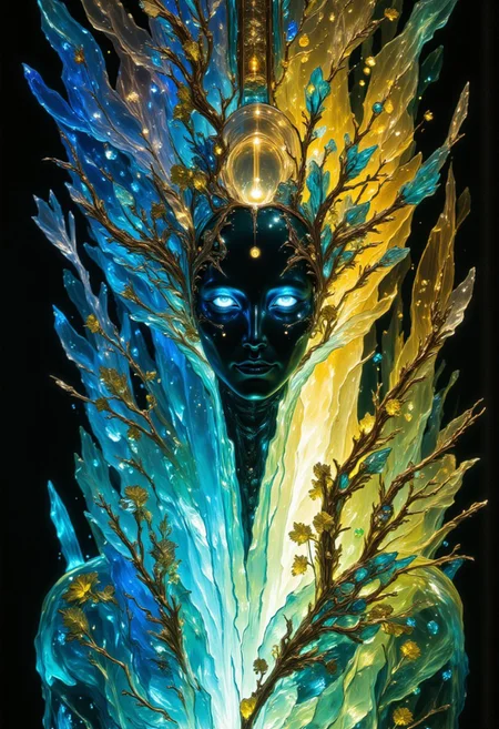 A closeup portrait of an intricate statue of a woman made of engraved crystal and glass. Her skin composed of delicate, engraved blue glass with shards of crystal intricately woven into her hair. Her eyes gleaming with a bluish, otherworldly light and she wearing a majestic, windy-blown ornate gown with crystal flowers reminiscent of a bright futuristic world. Her face and shoulders illuminated by an internal soft, ambient glow, as she is encased in a giant crystal that radiates with otherworldly energy. She stares intently at the viewer with a subtle smile. She is enveloped in an abstract explosion of vibrant colors—blue, green and yellow—splashing dynamically around her creating a dramatic vignette effect. In the styles of Royo's dark, mystical realism, Artgerm's hyper-detailed, metallic sheen, and Lovecraft's eerie, atmospheric tension, with meticulous attention to intricate textures, dramatic shading, and a sense of haunting and ethereal beauty.