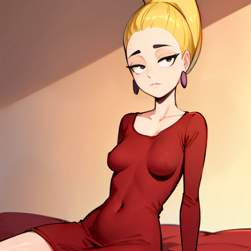 Piklez,((upward blonde  hair)), small breasts, navel ,solo, black eyes, round eyes, bored expression, solo,
Pikattire, (long crew neck red dress:1.2), earrings
sitting  on bed (insanely detailed, beautiful detailed face, masterpiece, best quality) <lora:Pickles-10v2:0.7>