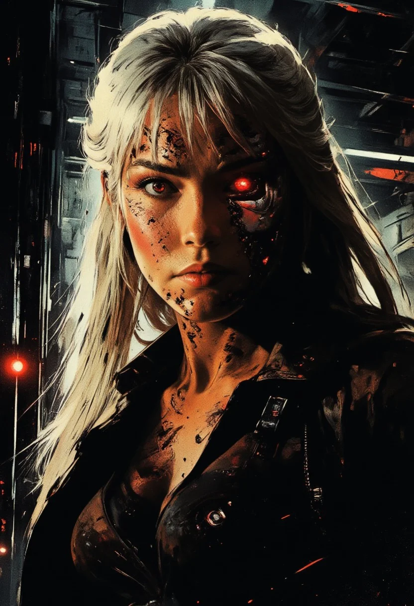 portrait of stunning female oriental terminator cyborg, long platinum bob, bangs, red lips, make-up, with severe facial battle damage consisting of torn flesh and blood and gore that reveals a terminator robot endoskeleton and red robot eye, silhouetted, chiascuro, dark underground corridor, directional light