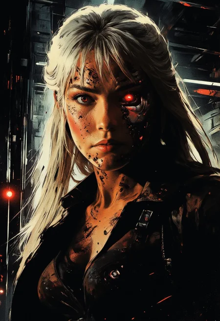 portrait of stunning female oriental terminator cyborg, long platinum bob, bangs, red lips, make-up, with severe facial battle damage consisting of torn flesh and blood and gore that reveals a terminator robot endoskeleton and red robot eye, silhouetted, chiascuro, dark underground corridor, directional light