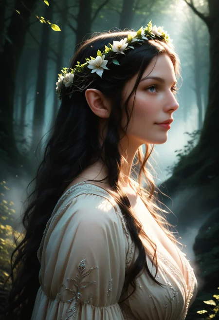 (score_9, score_8_up, score_7_up), 1girl, MILF, solo, gorgeous girl, detailed face, kawai girl, Expressiveh, <lora:add-detail-xl:1>, cute face, cute girl, Curvaceous Physique, easynegative, forest,tall trees, fog, enchanted forest, perfect quality, high quality, ambient occlusion, raytracing, source_anime, shining glossy skin, soft lighting, realistic skin, blum effect, masterpiece, absolutely eye-catching,
Lúthien, (masterpiece), best quality, expressive eyes, perfect face, black hair, ((pointy ears:0.6)), perfect eyes, silhouette, light particles, view from side, long flowing hair, ((Lord of the Rings elven dress intricate)), simple medival dress, linen dress, flower crown, steam, fog,