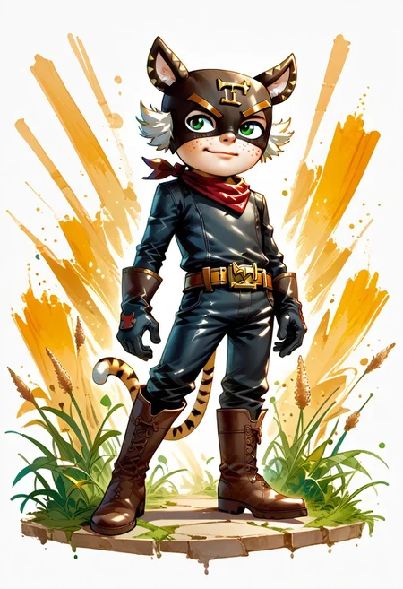 DarirStyle
score_9, score_8_up, score_7_up, 1boy, solo, male focus, El_Tigre, Mask, Green Eyes, white sideburns, Freckles, Cat Ears, Black Bodysuit, belt buckle, brown boots, Red Bandana around neck, Gloves, tail,