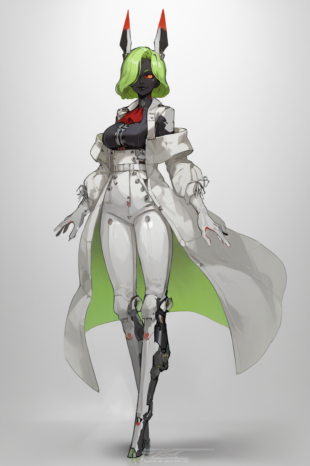 score_9, score_8_up, score_7_up, score_6_up, score_5_up, score_4_up, BREAK, source_anime, solo, 1girl, rating_safe, ((mature female)), ((long green flowing hair)), mechanical parts, (big backwards folded mechanical rabbit ears), mature female, (bunny ears), (animal ears), subdermal port, ((milf, mature female, big breasts)), hexagon lines in skin, naval uniform overcoat, naval uniform, white military uniform, dress_uniform, ribbons, ((red eyes)), bunny tail, rabbit tail, aiguillette, ((green hair)), ascot, ((Ground level (from the side) view Close shot)), latex pilot suit, shoulder cutout, bunny rabbit Tail, ((hair over one eye, )), digitigrade, clawed feet, minimal clothes, ((metal skin, shiny skin, vampire aesthetic, digital eyes, filled eyes, monochromatic eyes, glowing eyes, colored sclera, red sclera, mechanical eyes, partially shaded face, )), <lora:ECHANIS:1>,  <lora:IncaseLycoXL:1>
