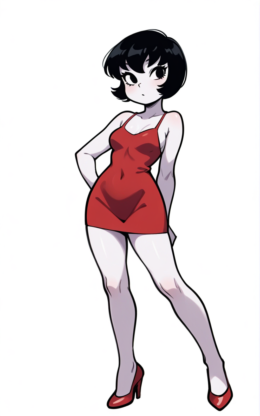 best quality, absurdres,full body, <lora:BolivanteStyleITS:0.8>,  <lora:JCKITS:0.8>,JCKITS, breasts, short hair, black hair, black eyes, white skin,red dress, short dress,white background,slim, standing, red heels