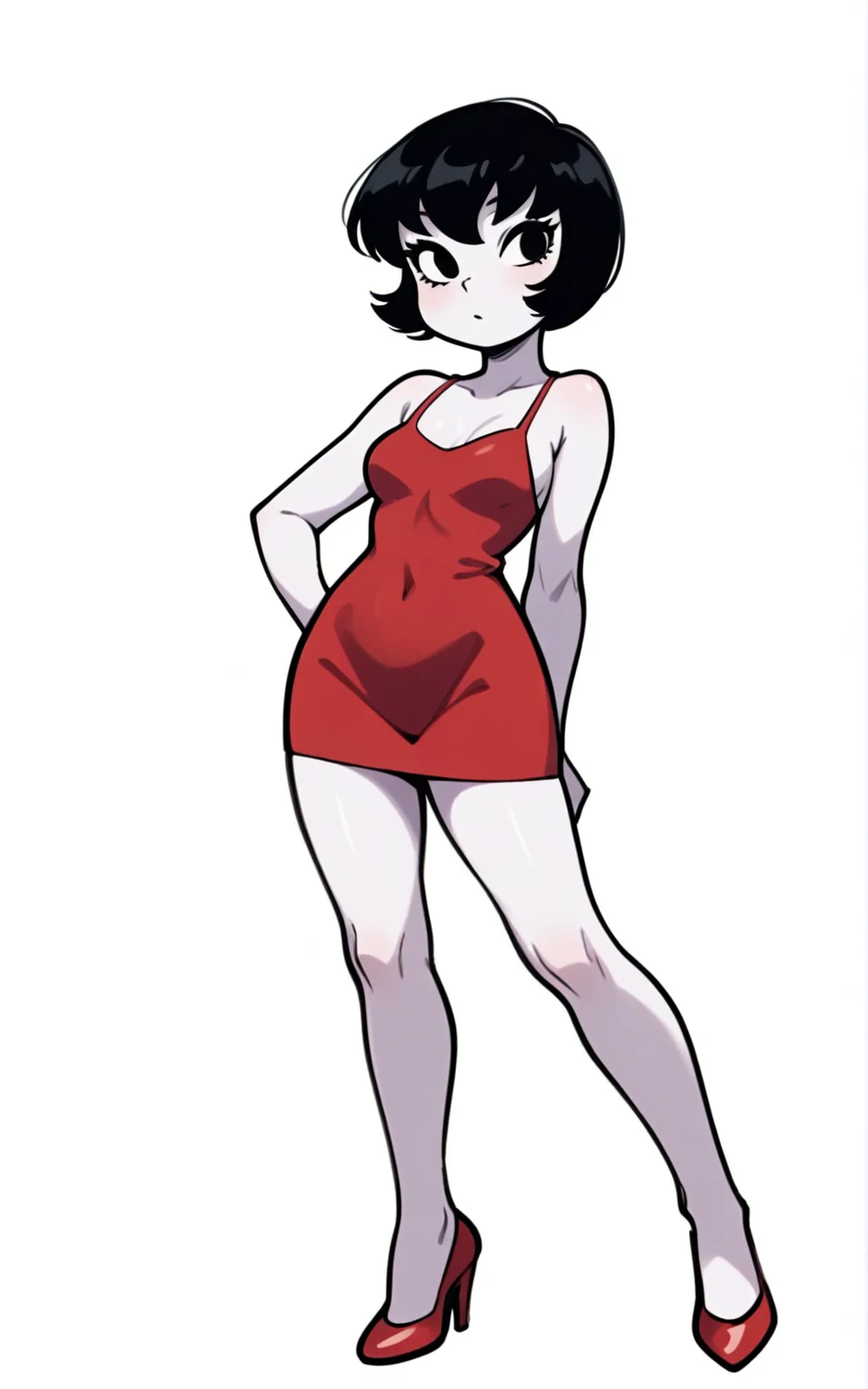 best quality, absurdres,full body, <lora:BolivanteStyleITS:0.8>,  <lora:JCKITS:0.8>,JCKITS, breasts, short hair, black hair, black eyes, white skin,red dress, short dress,white background,slim, standing, red heels