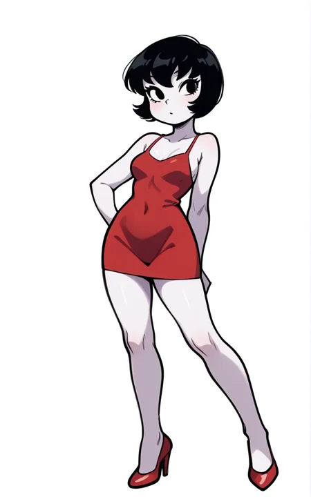 best quality, absurdres,full body, <lora:BolivanteStyleITS:0.8>,  <lora:JCKITS:0.8>,JCKITS, breasts, short hair, black hair, black eyes, white skin,red dress, short dress,white background,slim, standing, red heels