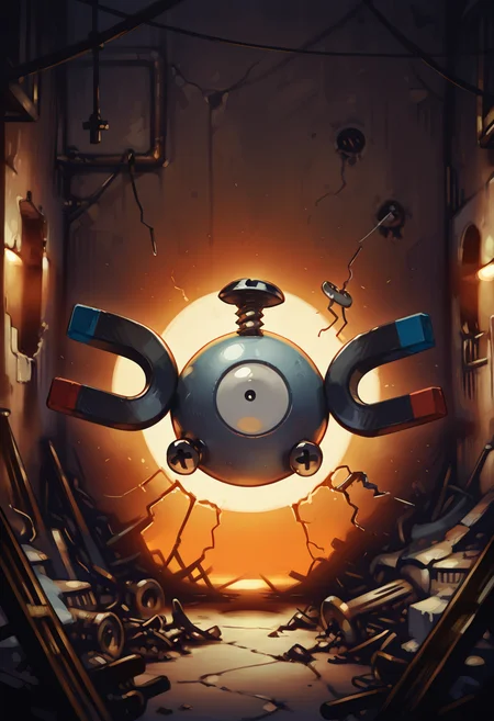 masterpiece, best quality, no humans, zzMgnmt, junkyard at sunset, broken machinery, soft light, warm atmosphere, curious pose, piles of scrap, ambient haze â Amid heaps of discarded tech, Magnemite drifts slowly over rusted robot parts and broken screens. The setting sun bathes the scrapyard in gold, casting long shadows as it explores the relics of a forgotten age. ,<lora:MagnemitePokedex_IXL:1.0>,