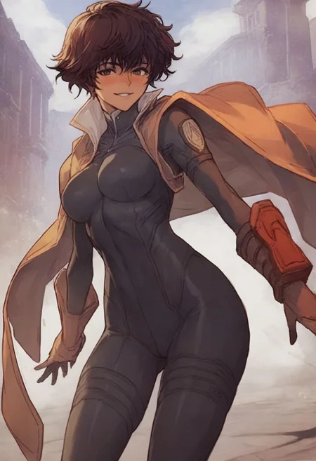 score_9, score_8_up, score_7_up, score_6_up, score_5_up, score_4_up, <lora:RWSara01:1>, RWSara01, jacket, bodysuit, smile, score_9, score_8_up, score_7_up, score_6_up, score_5_up, score_4_up, rating_questionable, , source_anime, digital illustration, pixiv, fanbox, uncensored, , BREAK, official art, 1girl, solo, Seductive Eyes, skinbodysuit, bodysuit, outdoors, blush, cowboy shot, looking at viewer, <lora:skinbodysuit e3-000009:0.75>, ng_deepnegative_v1_75t, easynegative, OverallDetail
