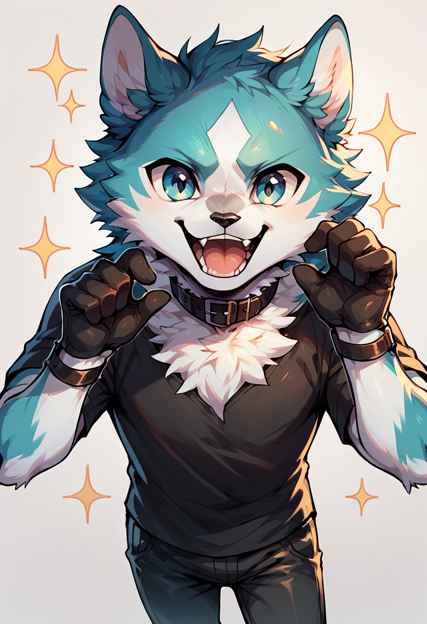 score_9, score_8_up,  score_7_up, solo, shirou ogami, bna, 1boy, furry, black shirt, pants, gloves, collar, cute:1.3, chibi, happy, sparkle, simple background, looking at viewer, <lora:Shirou_Ogami:1>
