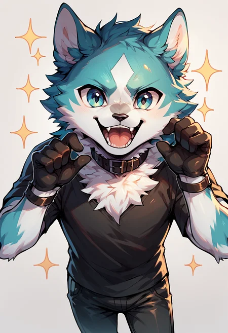 score_9, score_8_up, score_7_up, solo, shirou ogami, bna, 1boy, furry, black shirt, pants, gloves, collar, cute:1.3, chibi, happy, sparkle, simple background, looking at viewer, <lora:Shirou_Ogami:1>
