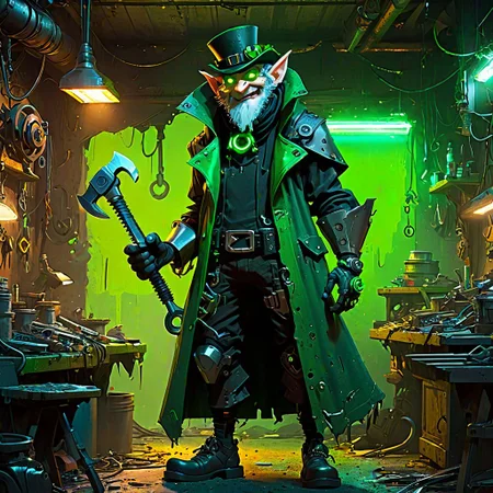 leprechaun character design, exaggerated features, oversized wrench, tattered cloak, neon green eyes, background of cluttered workshop, cyberpunk tech scraps, playful lighting, stylized