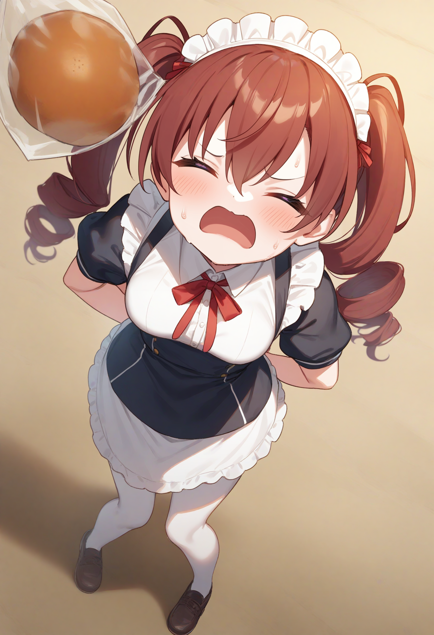 1girl,sincos, ningen mame, toosaka asagi,solo,medium breasts,20yo,maid,maid headdress,
bread eating race,sports festival,bread,arms behind back,<lora:breadeatingrace_XL_v1:0.8>
open mouth, bouncing breasts, plastic bag,
from above, full body, looking away, red hair, golden eyes,disgust, closed mouth, drill hair,,
best quality, very aesthetic, absurdres
