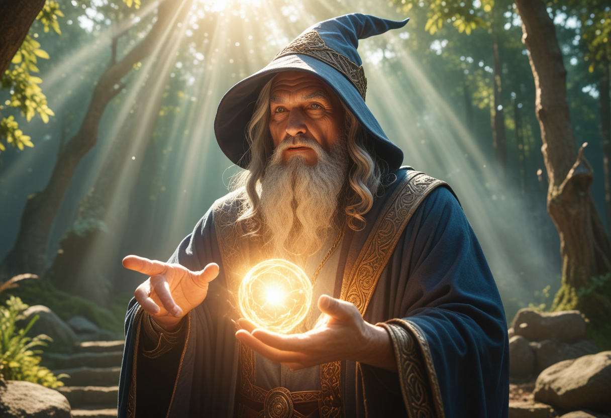 (medium full shot) of (medium shot , dutch angle) of powerful wizard summoning magic, detailed face, located in a magical scene at a mystical island during morning with sunny weather, illuminated by radiant beams, creating a mystical atmosphere, Masterpiece,best quality, photo, realistic, very aesthetic,