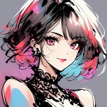 inksketch, a portrait of a woman, colorful, full body, beautiful red and black dress