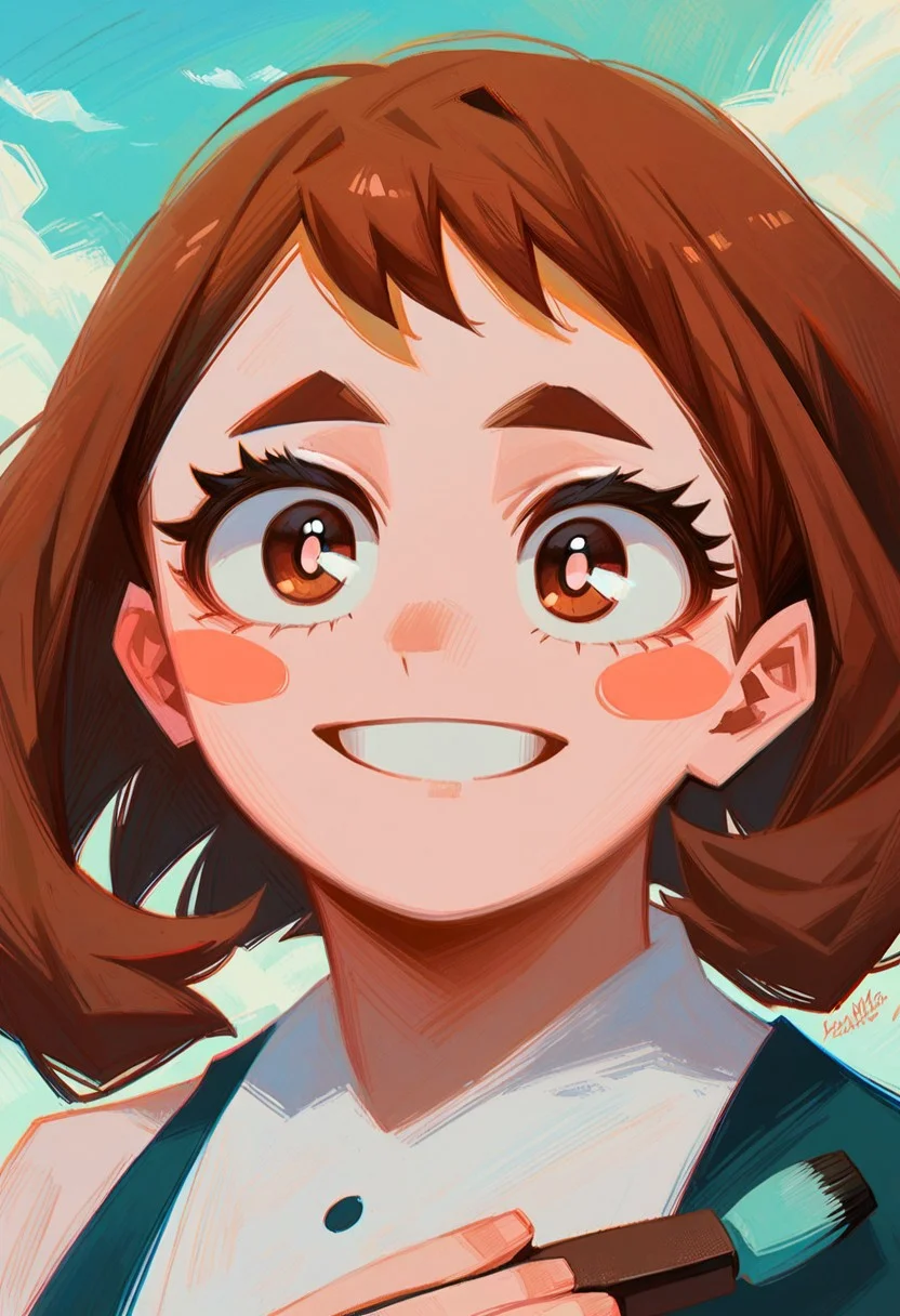 score_9, score_8_up, score_7_up, score_6_up, portrait painting, brush strokes, aesthetic, black kitty ink blot on a pastel blue canvas, ochako_uraraka, brown hair, brown eyes, white pupil, blush stickers, smile, ANIMESTYLE, brush strokes