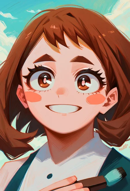 score_9, score_8_up, score_7_up, score_6_up, portrait painting, brush strokes, aesthetic, black kitty ink blot on a pastel blue canvas, ochako_uraraka, brown hair, brown eyes, white pupil, blush stickers, smile, ANIMESTYLE, brush strokes