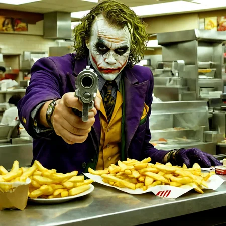 gunatyou, PEJoker, joker, working at mcdonalds counter, burger and fries, masterpiece, high resolution, octance 4k, high detail, pistol  <lora:GUNATYOU_XL:1>   <lora:PE_Joker_DarkKnight:0.8>