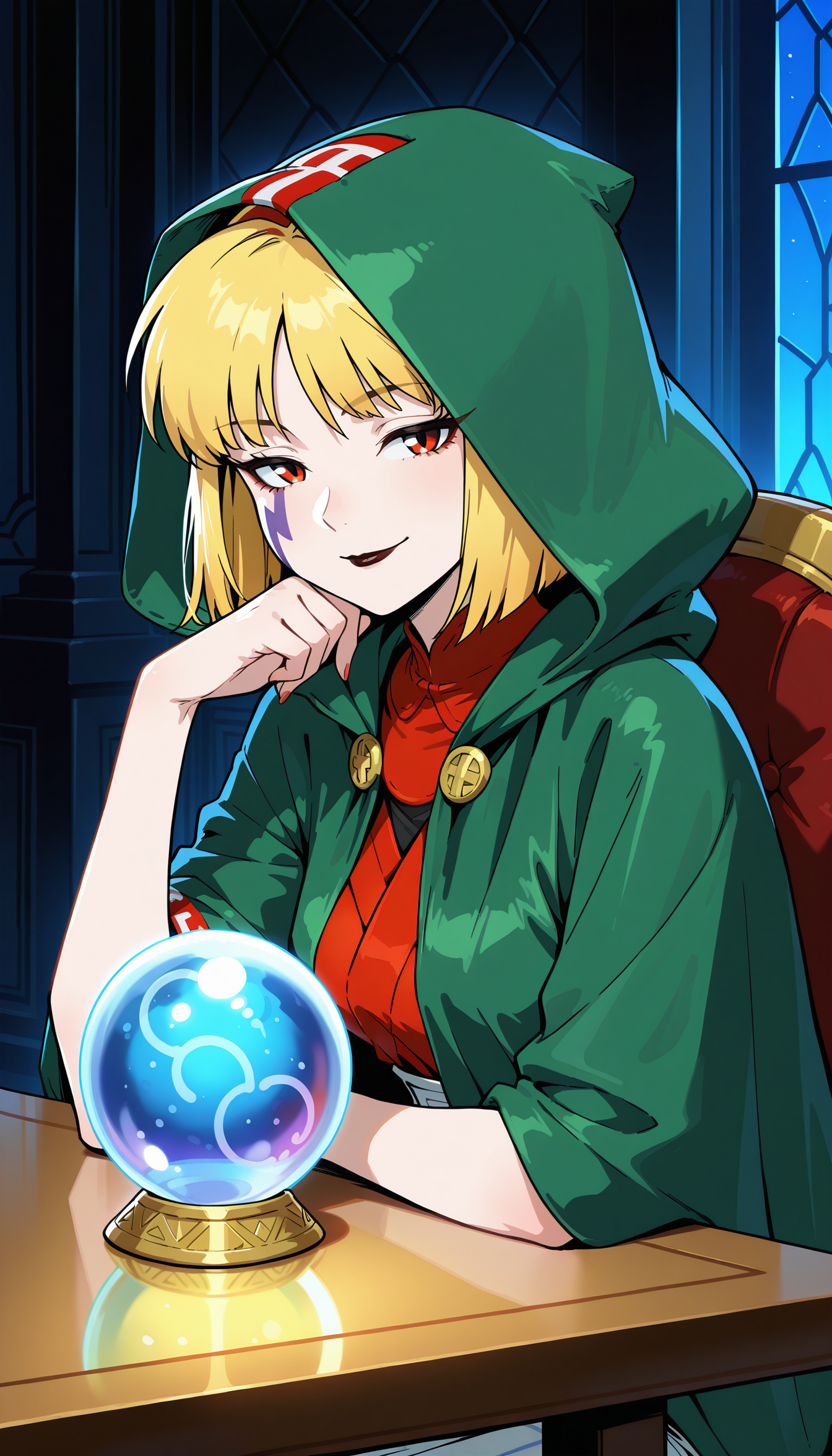 masterpiece,best quality,amazing quality,1girl,lunar_sssc_royce, portrait, sitting, table, green cloak, green hood, red trim, crystal ball, mysterious smile, dark room