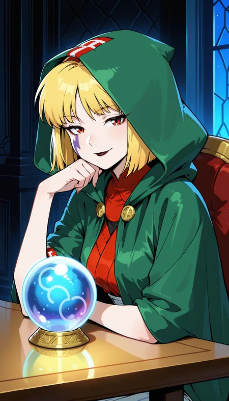 masterpiece,best quality,amazing quality,1girl,lunar_sssc_royce, portrait, sitting, table, green cloak, green hood, red trim, crystal ball, mysterious smile, dark room