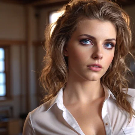 (ultra realistic, 32k, masterpiece:1.2), (highly detailed skin:1.1), (high quality:1.1), masterpiece, color HD photo, RAW 1girl, coy expression,<lora:hyperfusion_550k_128dim-LoCon_extracted-v7:0.8> (topheavy:1.2), small breasts, (topheavy:1.0),(bottomheavy:1.1),  Melancholic Gaze Down pose, (viewer up close:1.1), beautiful face, seductive gaze, shiny skin, blush, eyeliner, eyeshadow, eyelashes, looking up, Classroom background , Blue eyes, (long Honey Brown Messy hairstyle), cinematic lighting, sunlight, volumetric,  <lora:GoodHands-beta2:1.1> nice hands, perfect hands, <lora:sideb00bv2:0.9> sideb00b, unbuttoned and open white oxford blouse, nsfw exposed small nipples erect and perky
