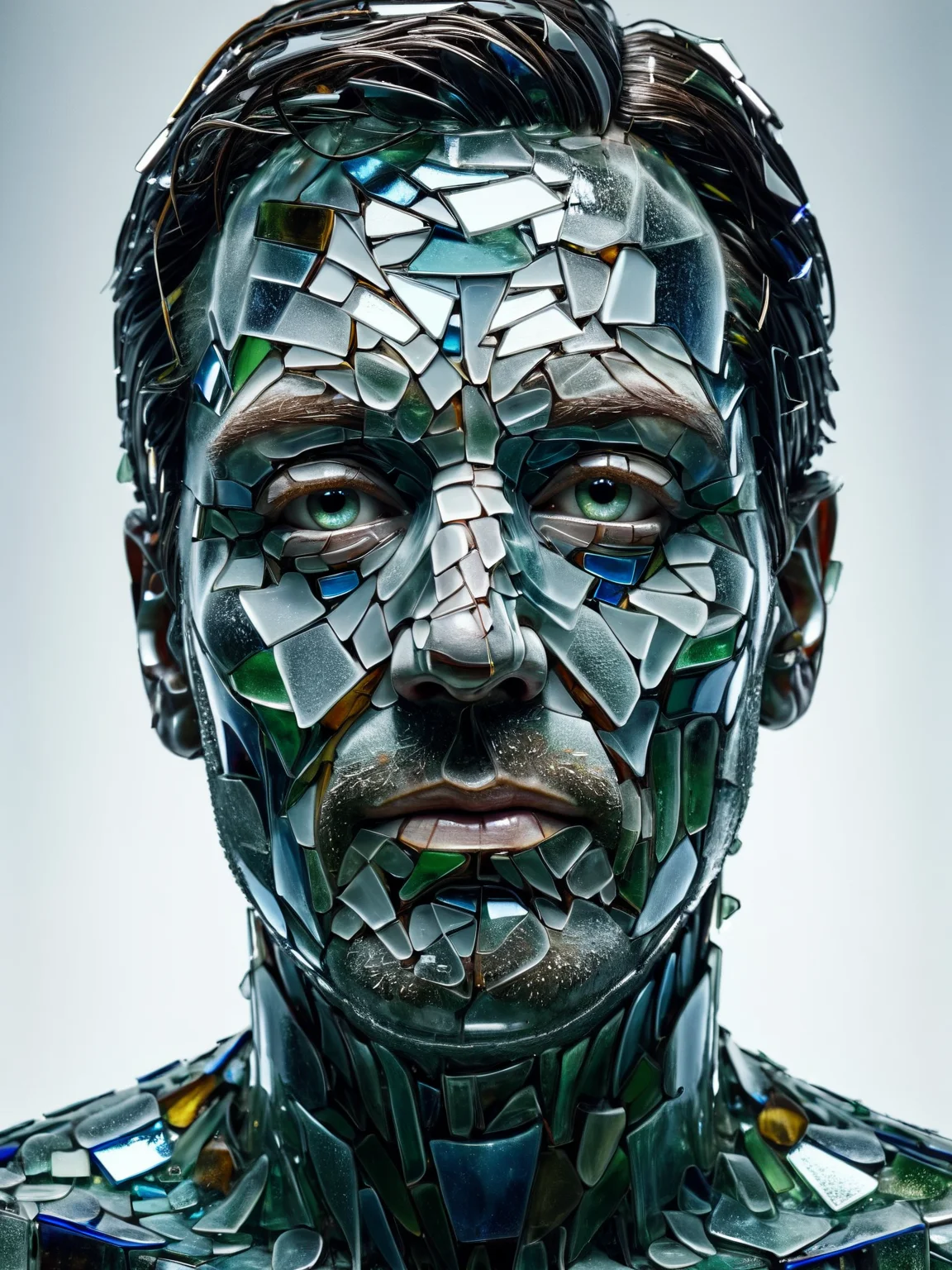 A portrait of an ais-bkglass manâs face looking at the viewer, sorrow in his eyes, completely made of ais-bkglass <lora:Broken_Glass_Style_SDXL:1>