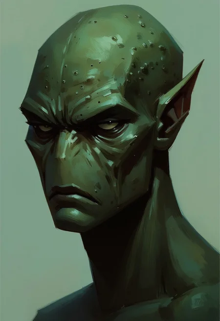 The image is a highly detailed digital painting depicting a futuristic, alien-like figure. The subject's face is a rough, scaly texture, a deep, muted green color, with visible, prominent facial features like a prominent brow, sharp eyes, and a strong jawline. The skin appears weathered and worn, with numerous small, raised bumps and ridges, giving it a rugged, almost reptilian appearance.