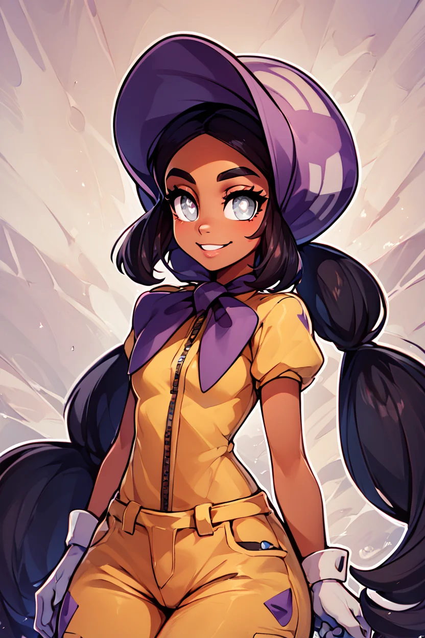 score_9, score_8_up, score_8, medium breasts, (curvy), cute, eyelashes, ,,, , ,,, zzHapu, grey eyes, black hair, long hair, twintails, very long hair, dark skin, bright pupils, white pupils, gloves, purple bonnet, short sleeves, jumpsuit, <lora:Hapu_Pokemon_PDXL:1.0>, ,,,, BREAK, smile, looking at viewer, ,,, abstract background, white outline, cowboy shot, ,,, embedding:zPDXL, Expressiveh, ,,, <lora:CatalystStylePDXL:0.6>, <lora:SDXLFaeTastic2400:0.5>, <lora:Expressive_H-000001:0.4>,