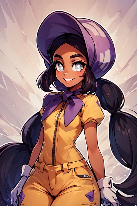 score_9, score_8_up, score_8, medium breasts, (curvy), cute, eyelashes, ,,, , ,,, zzHapu, grey eyes, black hair, long hair, twintails, very long hair, dark skin, bright pupils, white pupils, gloves, purple bonnet, short sleeves, jumpsuit, <lora:Hapu_Pokemon_PDXL:1.0>, ,,,, BREAK, smile, looking at viewer, ,,, abstract background, white outline, cowboy shot, ,,, embedding:zPDXL, Expressiveh, ,,, <lora:CatalystStylePDXL:0.6>, <lora:SDXLFaeTastic2400:0.5>, <lora:Expressive_H-000001:0.4>,