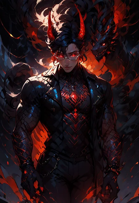 ((score_9, score_8_up, score_7_up,score_9, score_8_up, score_7_up)), (Masculine, Light/tan skin, Toned and 6'5 feet tall:1.4), 24 years old, Handsome face, smile face, perfect face, (((Black hair with neon red highlights))), ((Glowing neon Gold irises)), (Neon Red pupils), (White Sclera), shiny skin, Curley short haircut, ((2 spiral red horns)), (((Demon))), (Large muscle build), gages in ears, Neon tattoos on arms, wild hair, toned hips, ((fit look, large intelligent glasses)), ((Long Blue leather coat, dragon scale coat, black vest, black shirt, black pants)), shiny skin, dark aura, small light, warm lighting, (no nsfw) , stools, cowboy shot, dark dimension, black background, empty space, stars, dynamic action: one hand opened, (((explicit, beam, sole hyper bottomless hole, both her wings hole shooting one strong giant thick purple beam by absolute straight line,))), focus on hand