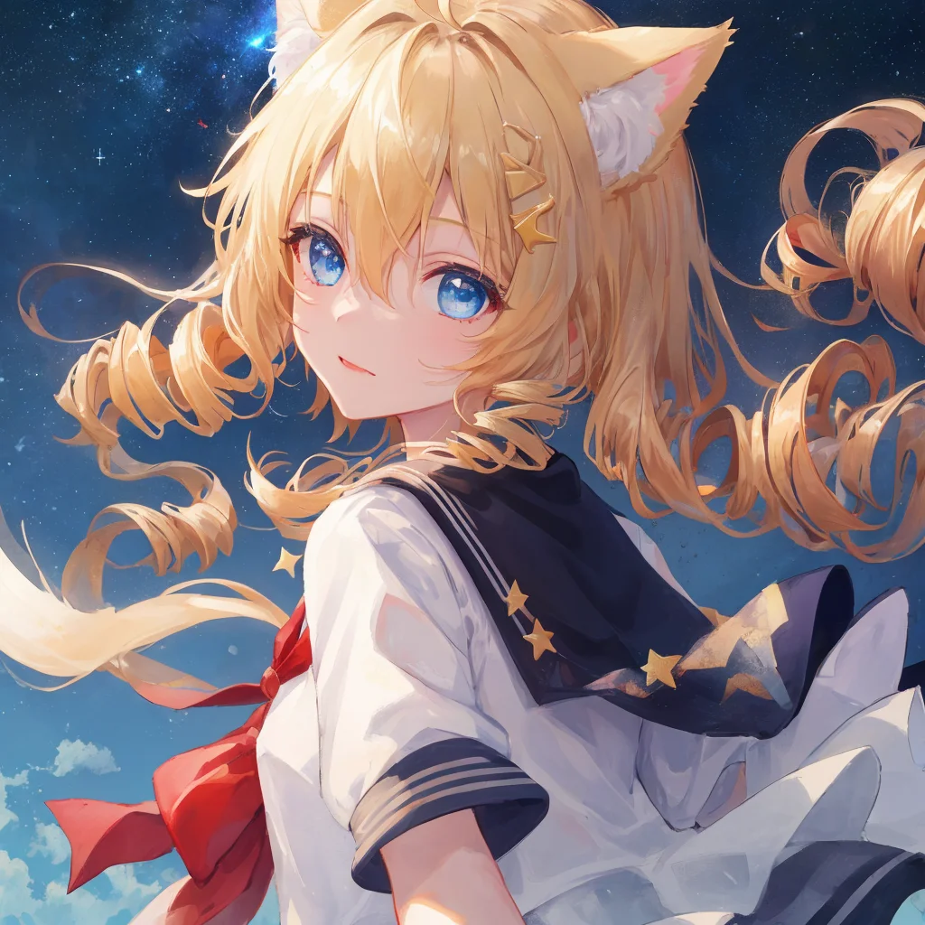 masterpiece, best quality, extremely detailed CG unity 8k wallpaper,kirigami,vibrant nebula sky,(upper body),1girl,blue eyes, gold hair,gradient hair,hair between eyes,ahoge,cat ears, drill hair,Age:16,looking back,sailor dress,white thighhighs,mary janes,Star headdress