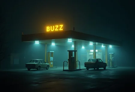 Abandoned gas station, windows lit up, foggy slightly covering the building, on top is yellow LED sign that says B U Z Z, cars are parked outside, night time, pitch black