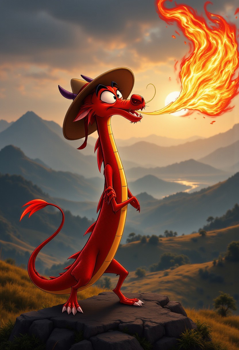 A semi-realistic depiction of Mushu from Mulan, standing confidently in a dramatic pose, wearing a traditional Chinese rice farmer hat that casts a subtle shadow over his mischievous, expressive face. His slender dragon body is adorned with finely detailed, shimmering red and gold scales that catch the light. Mushu breathes a stream of vibrant, glowing fire into the air, the flames illuminating his surroundings with fiery oranges and yellows. The background features a misty Chinese countryside at dawn, with rice paddies and distant mountains fading into the haze, giving the scene a mystical and cinematic feel