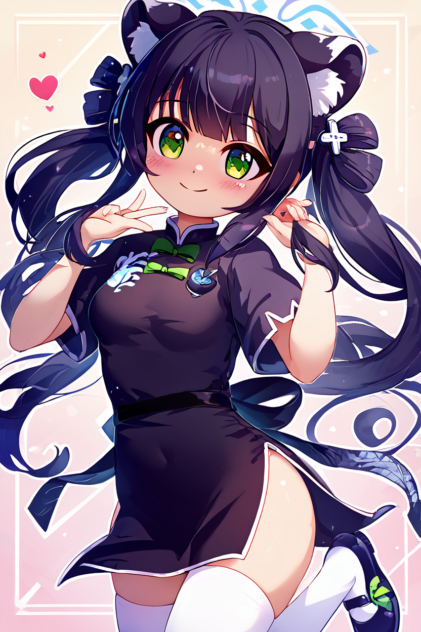 score_9, score_8_up, score_8, medium breasts, (curvy), cute, eyelashes,       BREAK, , ,,,  zzShun, green eyes, black hair, blunt bangs, long hair, animal ears, tiger ears, halo, animal ear fluff, twintails, tiger girl, extra ears, black dress, black footwear, china dress, shoes, short sleeves, white thighhighs,  <lora:Shun_BlueArchive_PDXL_v2:0.8>,  ,,,  , BREAK, smile, closed mouth, looking at viewer, cowboy shot, ,,, embedding:zPDXL, Expressiveh, ,,, <lora:Konpeto_PDXL_v3:1.0>, <lora:SDXLFaeTastic2400:0.5>, <lora:Expressive_H-000001:0.4>,