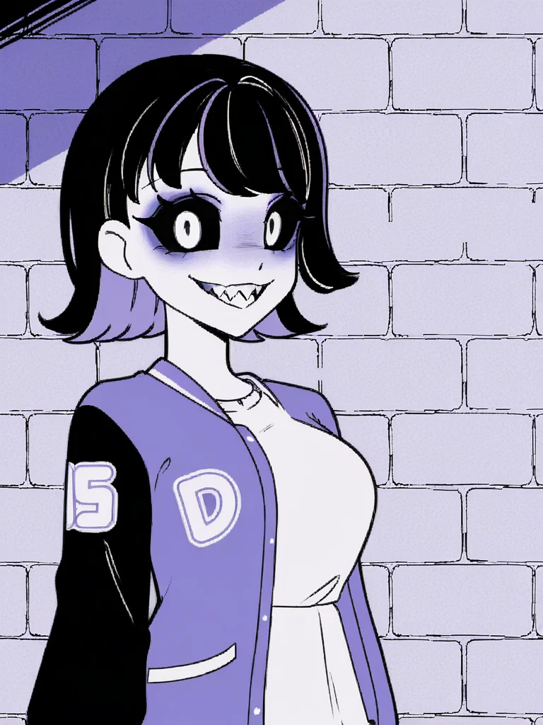 1girl, monochrome, purple theme,
black hair, medium hair, two tone hair, purple hair,
standing, upper body, brick wall,
looking at viewer, sharp teeth, black sclera, black eyes,
white t-shirt, varsity jacket,